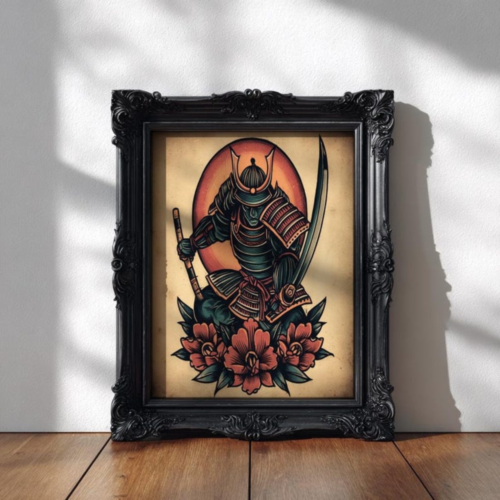 Samurai Warrior Wall Art, Japanese Samurai Illustration, Tattoo Style Warrior